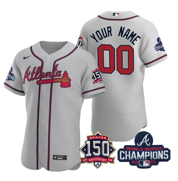 Men's Atlanta Braves Grey ACTIVE PLAYER Custom 2021 World Series Champions With 150th Anniversary Stitched Jersey